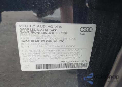 2016 Audi Q5 2.0T Premium from USA, damaged, VIN WA1L2AFP3GA035874